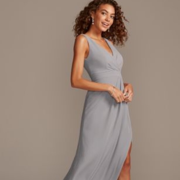 pleated tank stretch crepe bridesmaid dress V Neck Plunge Crepe Bridesmaid Dress - Sage